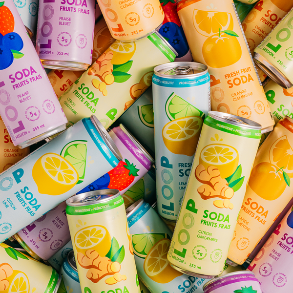 Boîte variée de sodas pro+prébiotiques